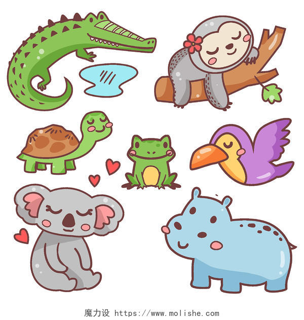 卡通风可爱动物世界爬行动物海洋动物插画元素png